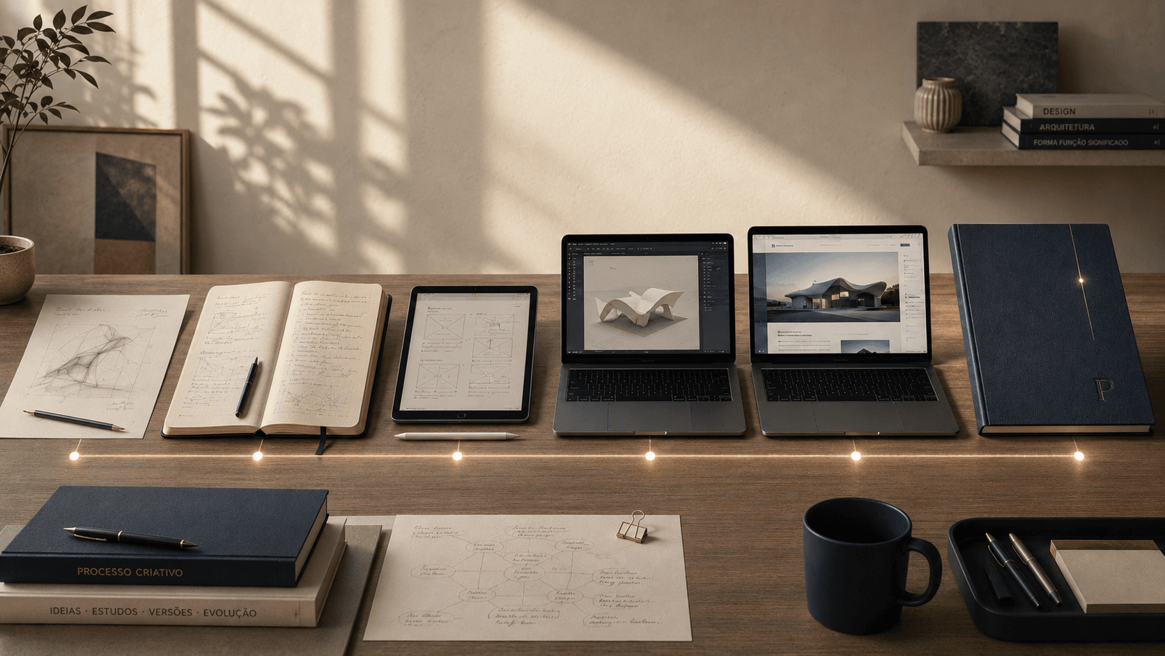 A workspace with materials from a documented creative process